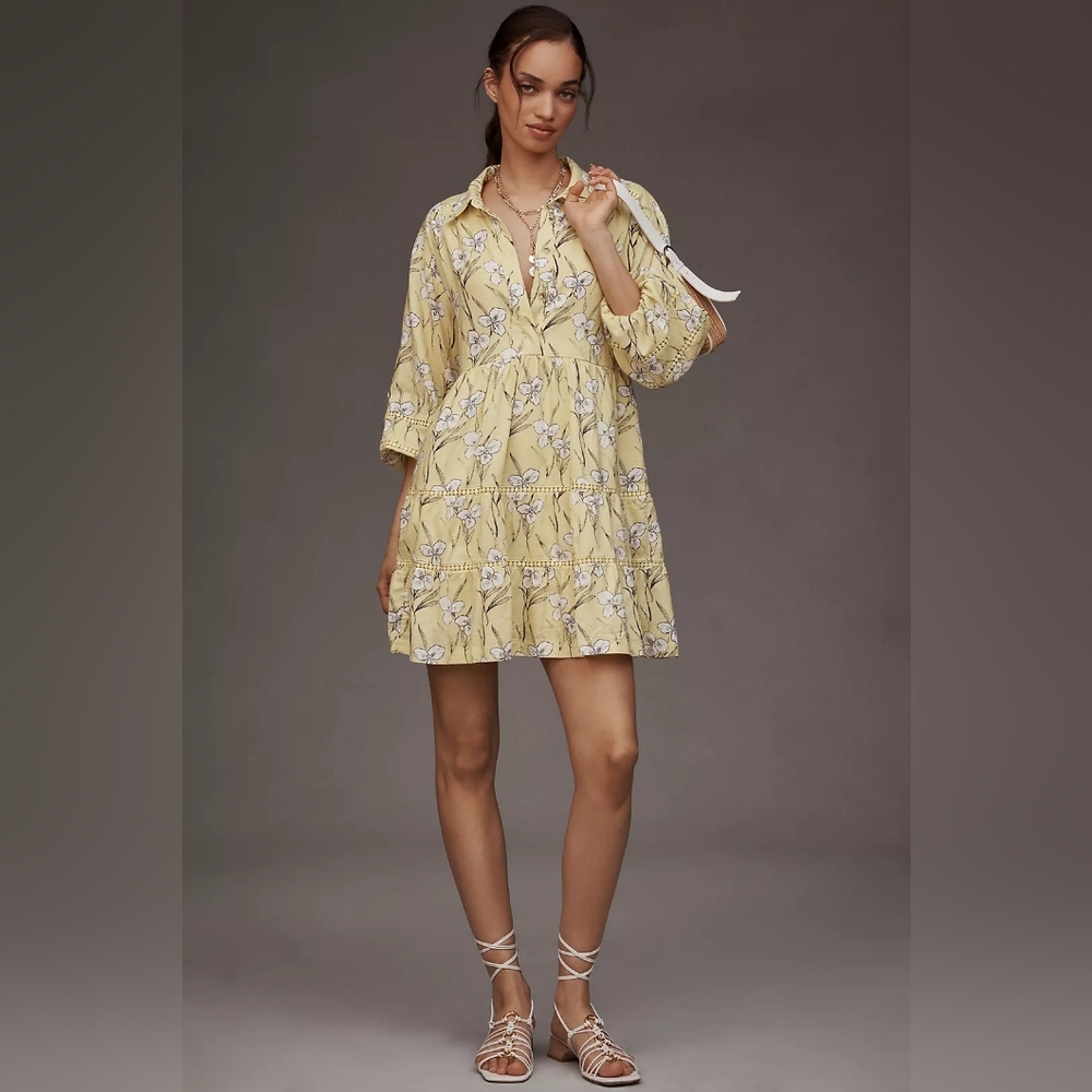 NWT Anthropologie Bettina Linen Blend Tiered Shirt Dress by Maeve Size XXS